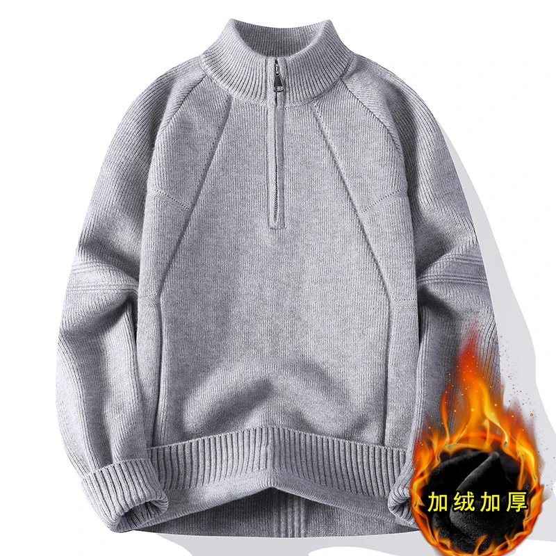 半高领拉链慵懒风加厚宽松毛衣男士秋冬季立领线衣纯色针织衫外套