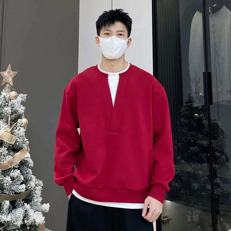 【加绒加厚】假两件设计款长袖V领卫衣打底男女同款情侣休闲慵懒033