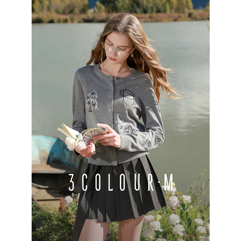 三彩2025春季新款趣味刺绣针织衫开衫简约圆领长袖毛衣外套M