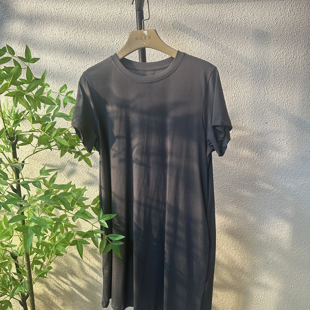 圆领灰色口袋连衣裙宽松慵懒显瘦大码连衣裙