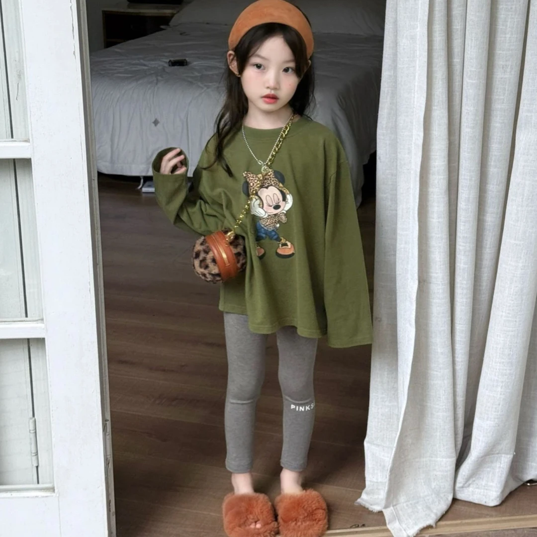 韩系穿搭2025女童可爱卡通印花长袖T恤女宝简约百搭字母打底裤套