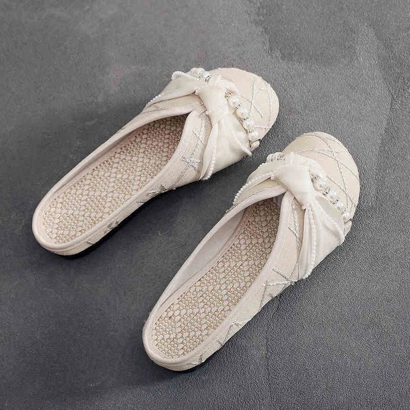 珍珠装饰中国风平底拖鞋女鞋春夏小香风单鞋旗袍绣花鞋老北京布鞋