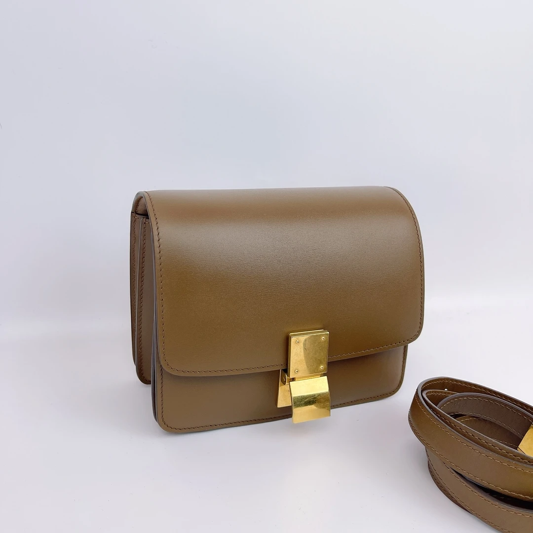 95新 Celine/思琳 赛琳 棕色牛皮box单肩包底长17 B604