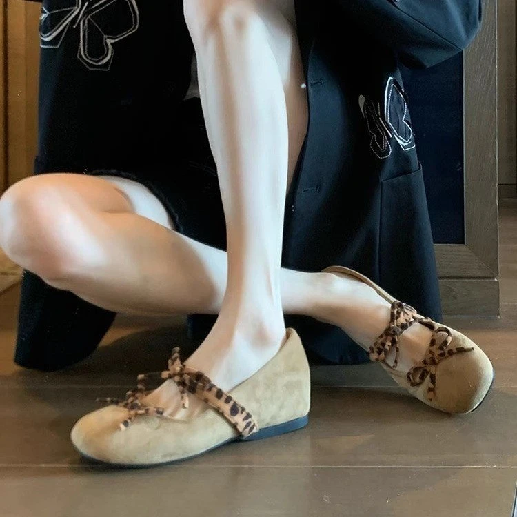 2025春夏新款方头平底内增高法式复古豹纹蝴蝶结厚单鞋女绒面瓢鞋
