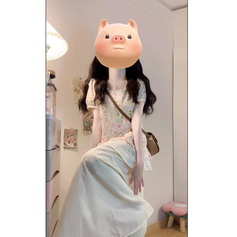 大码女装夏季新款刺绣色彩斑斓花朵印花时尚上衣裙子洋气法式穿搭