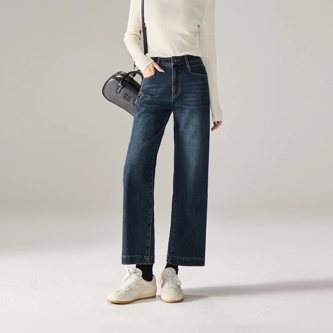 索菲丝尔百搭高腰遮肉宽松直筒牛仔裤2025冬季新款加绒保暖542605