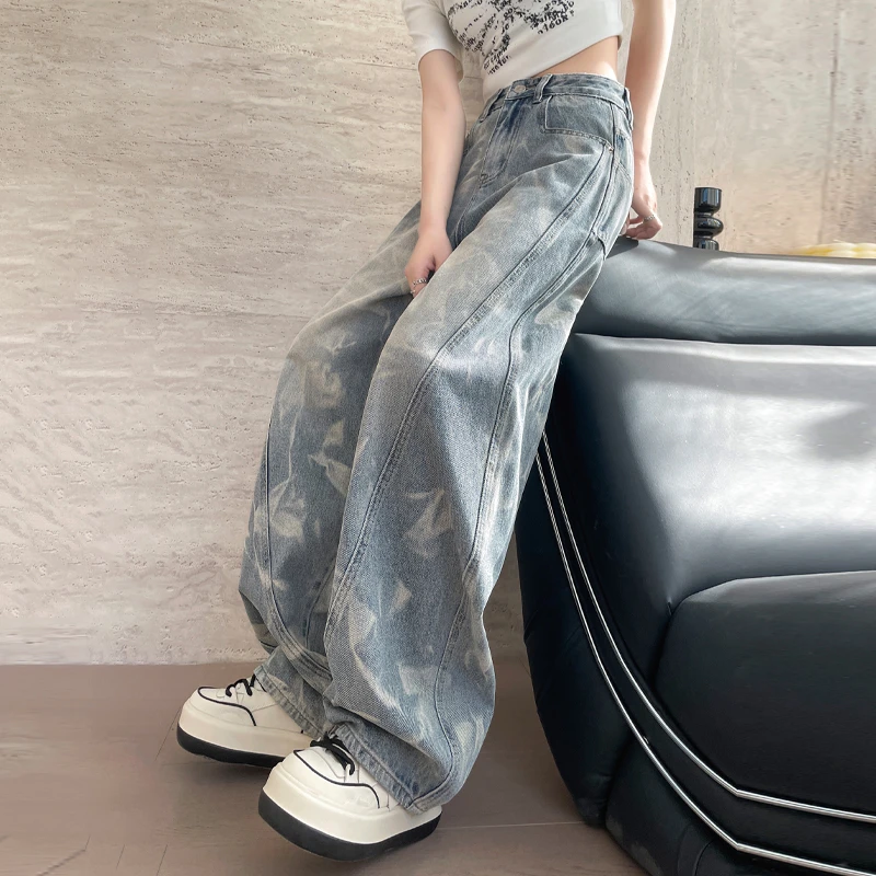 蓝色印花牛仔裤女款爆款2025新款秋季印染炸街高腰时尚直筒阔腿裤