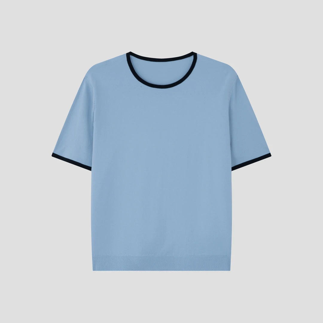 高定夏季新品薄款伊力特极简风圆领套头女装针织T恤短袖上衣