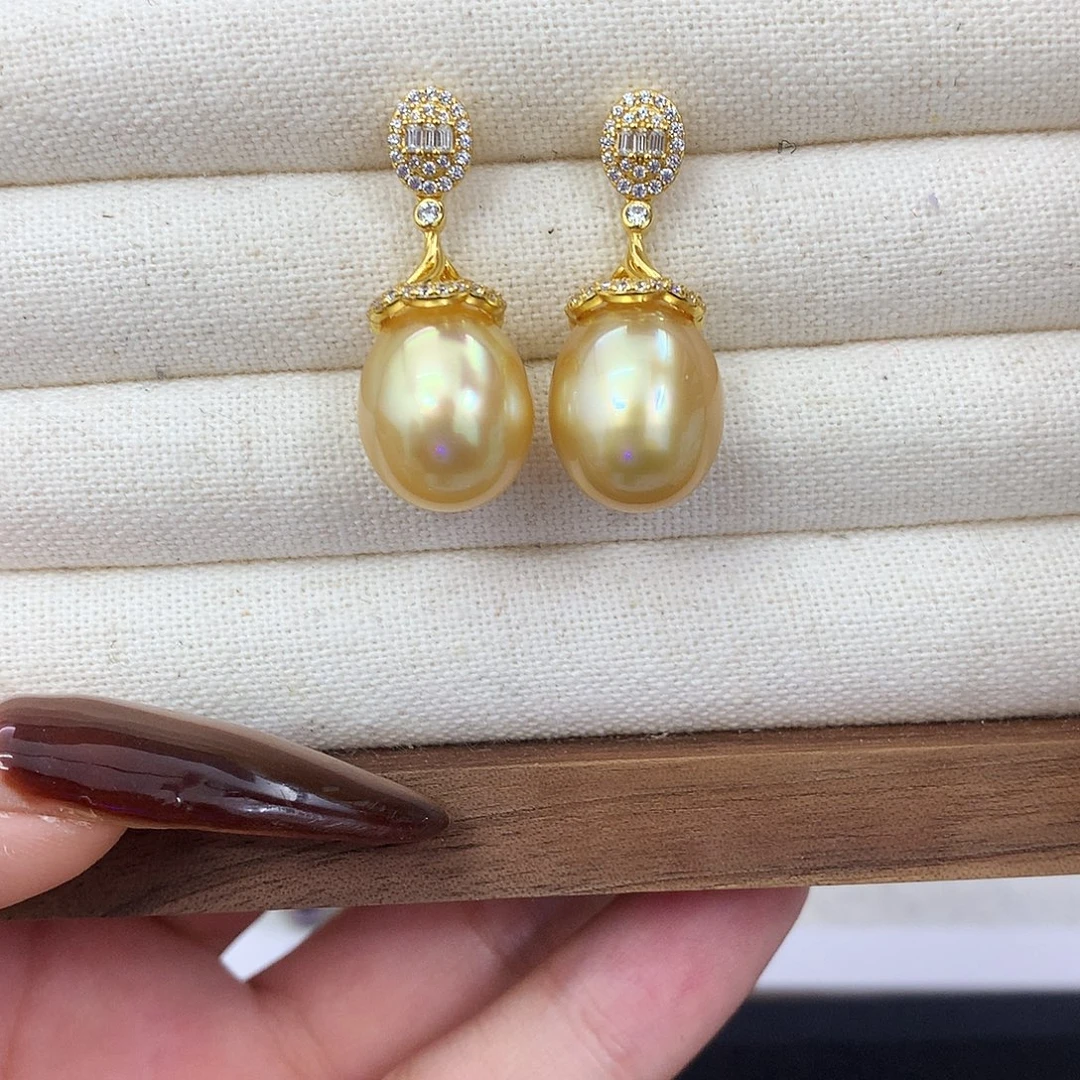 定制海水珍珠未镶嵌裸珠浓金耳坠11-12mm