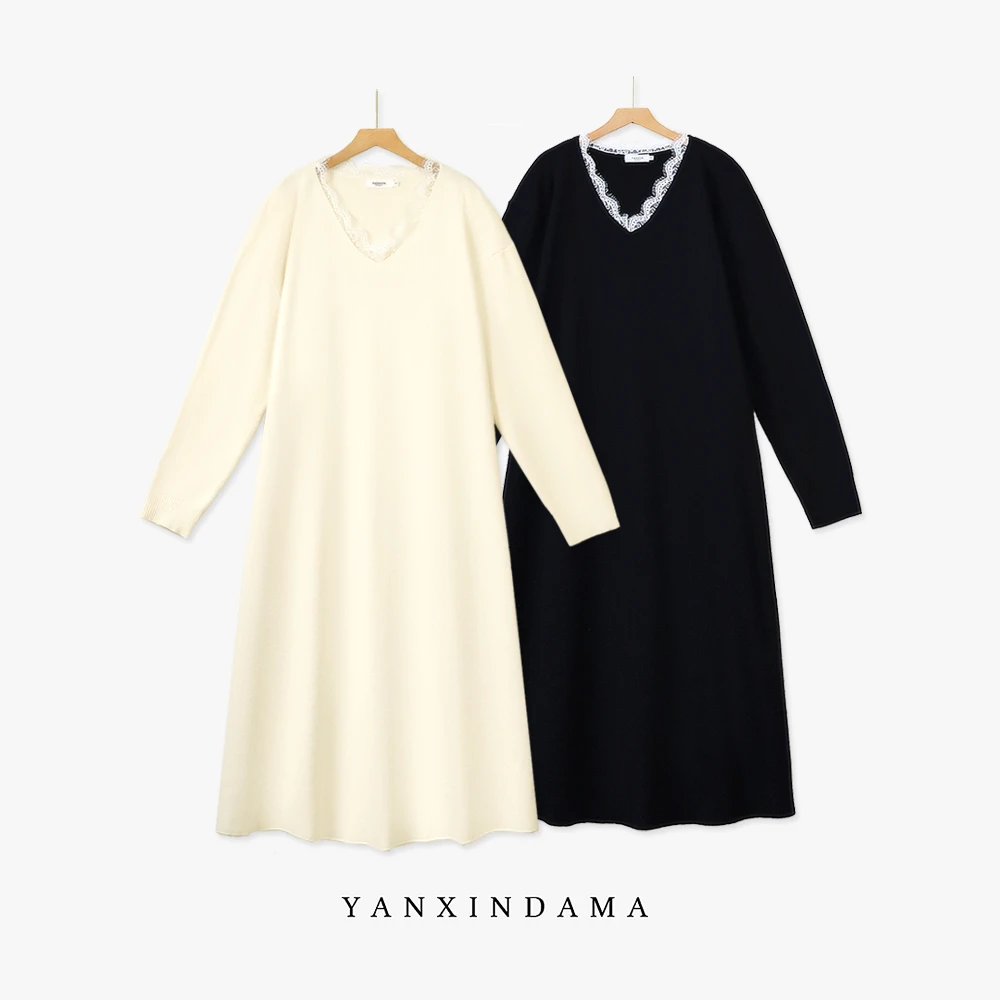 大码女装300斤胖MM时尚优雅气质V领蕾丝边中长连衣裙8051