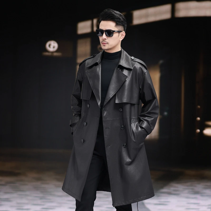 长款过膝真皮皮衣风衣男植鞣绵羊皮落肩袖宽松西装领休闲大衣外套