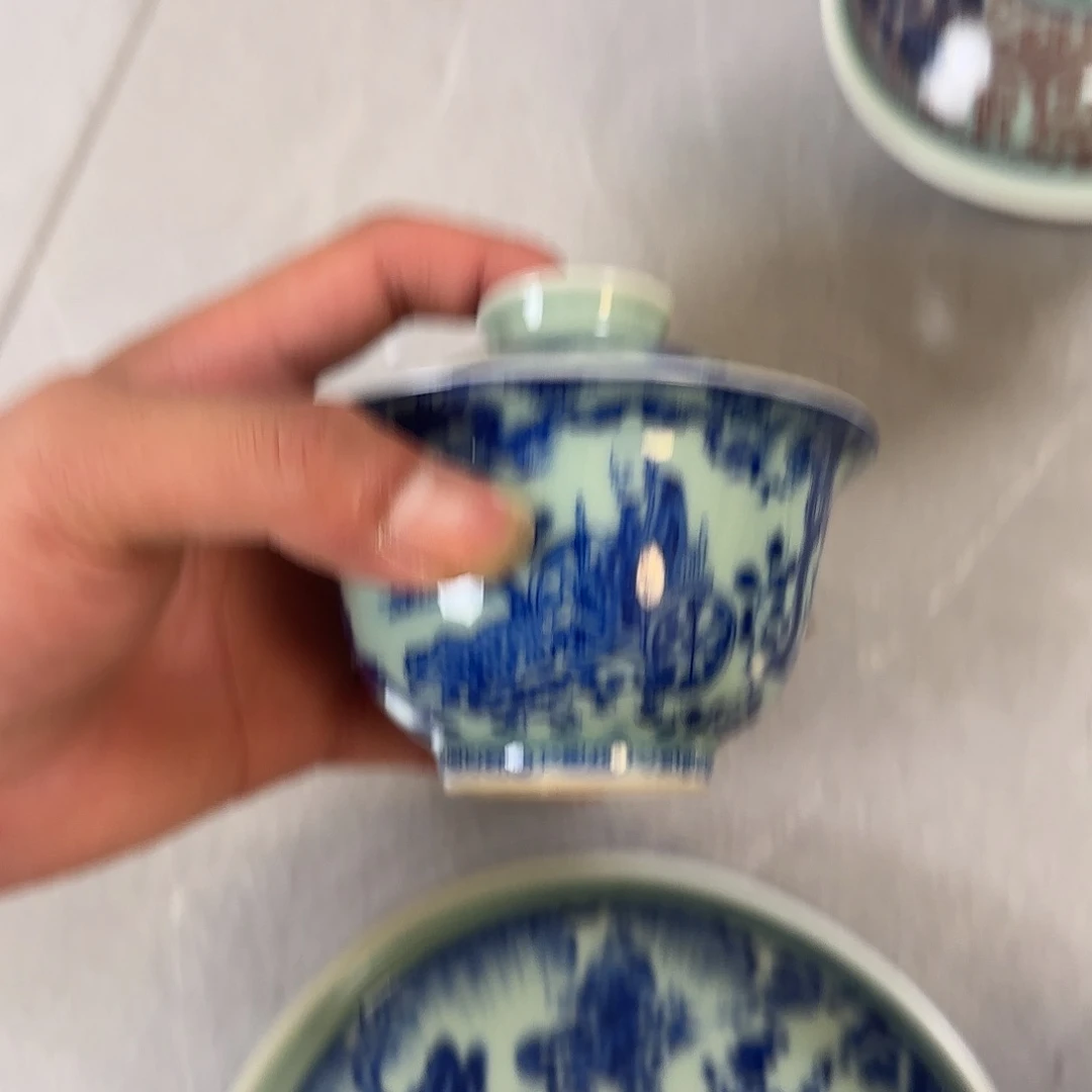 瓷片人***年景德镇青釉青花鬼谷子元宝盖碗