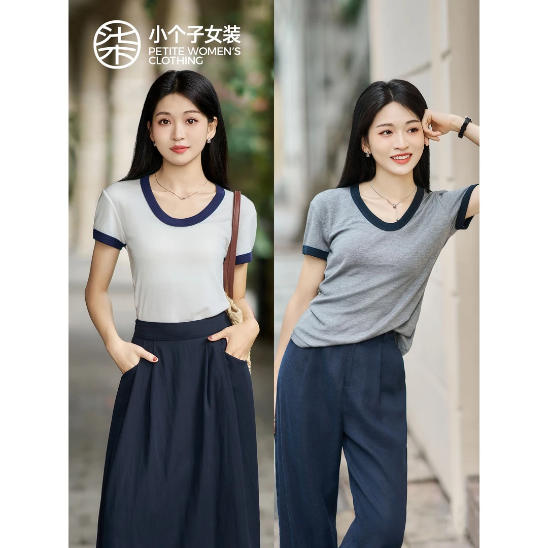 【大柒】【夏凉T】0956柒量一裁小个子撞色短袖T恤女修身休闲百搭上衣