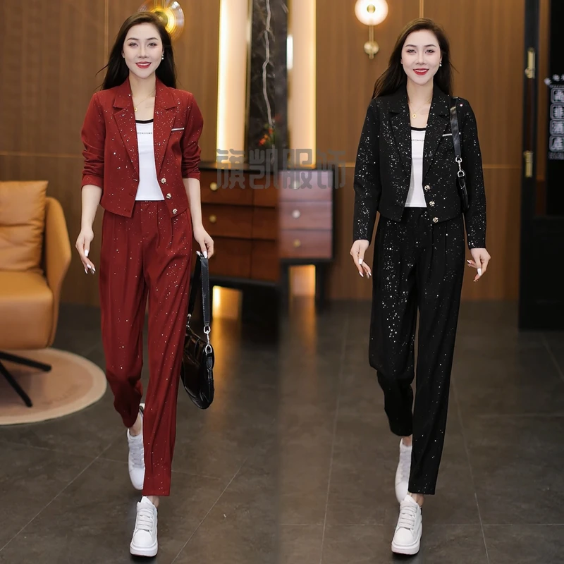 时尚小西装套装女2025春新款洋气减龄设计感百搭外套直筒裤两件套