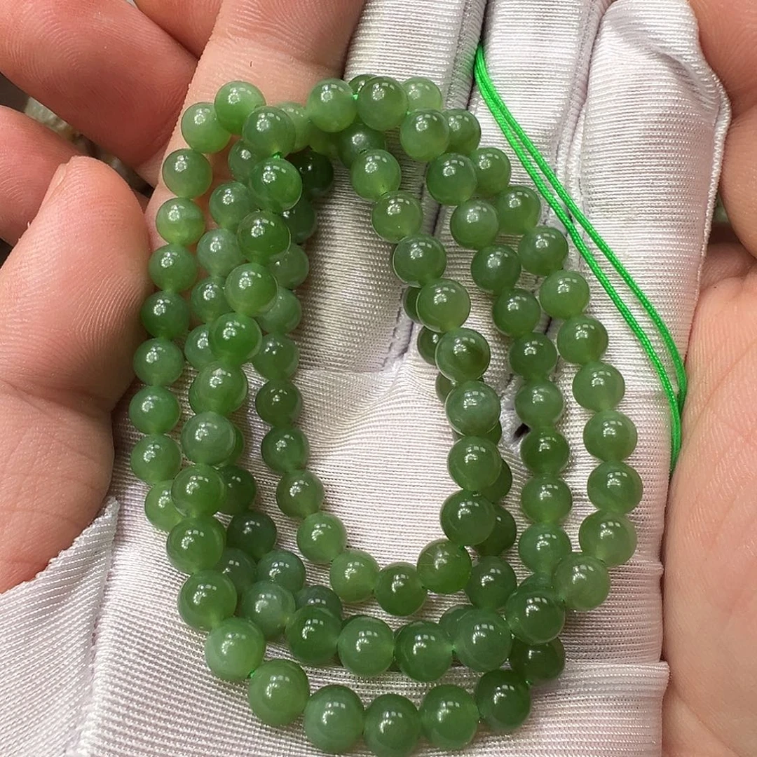 和田玉未镶嵌项链俄碧粉绿无皮矿点6mm/108巨值
