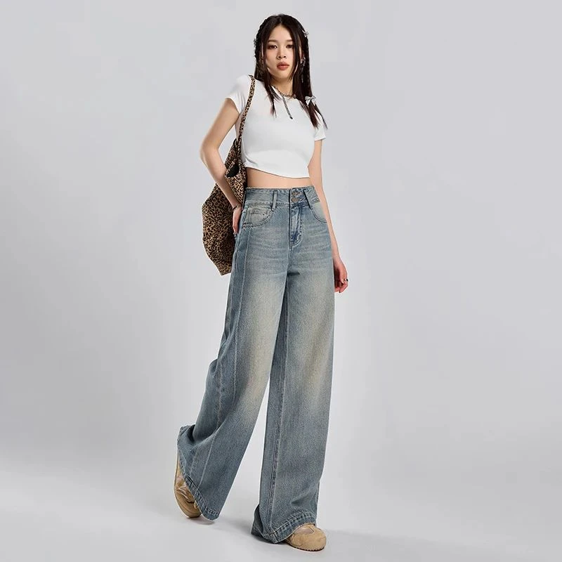 夏季新款阔腿牛仔裤女冰川蓝做旧百搭高腰高级感显高A版阔腿裤子