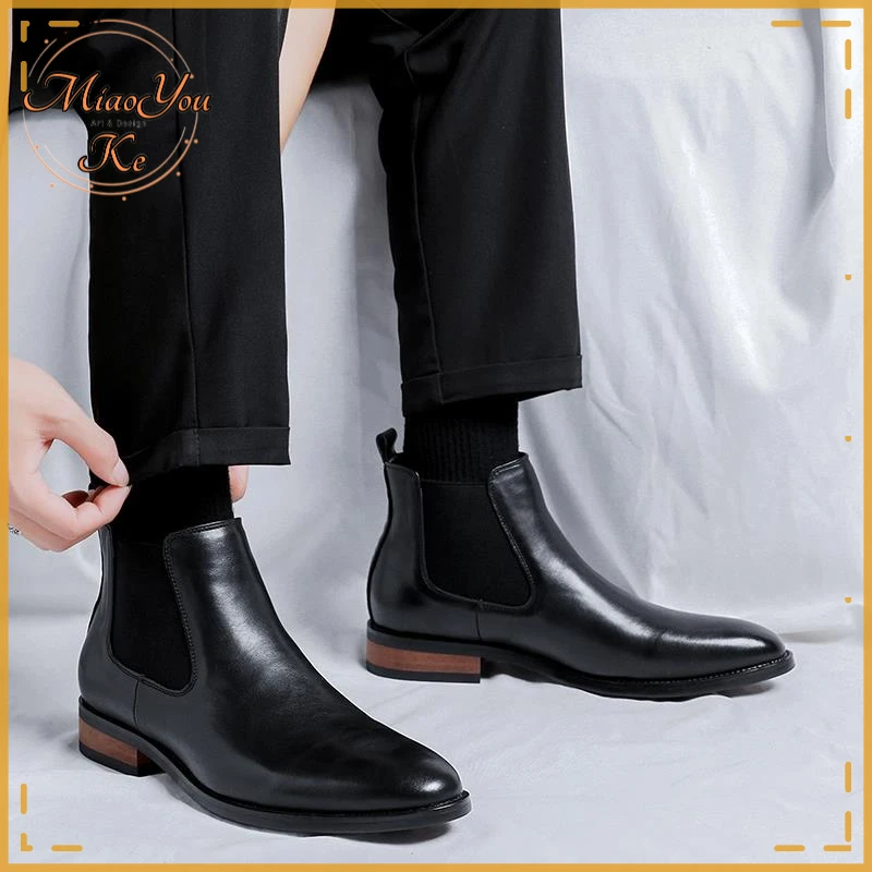 切尔西靴男士皮面尖头英伦风马丁靴商务正装皮靴短靴高帮西装皮鞋