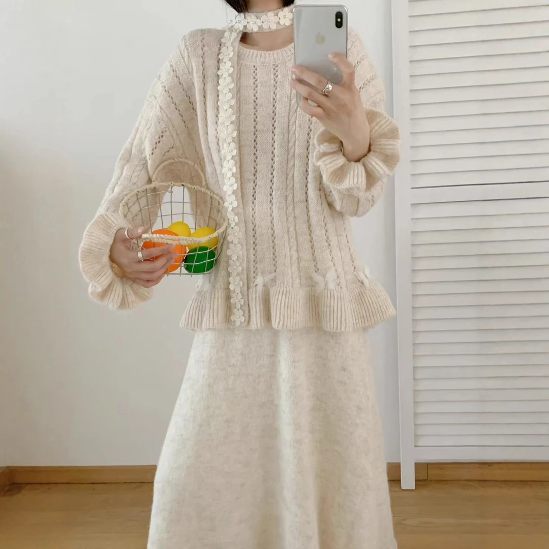 【小九】木耳边毛衣针织半身裙两件套秋冬新款甜美宽松毛衣套装