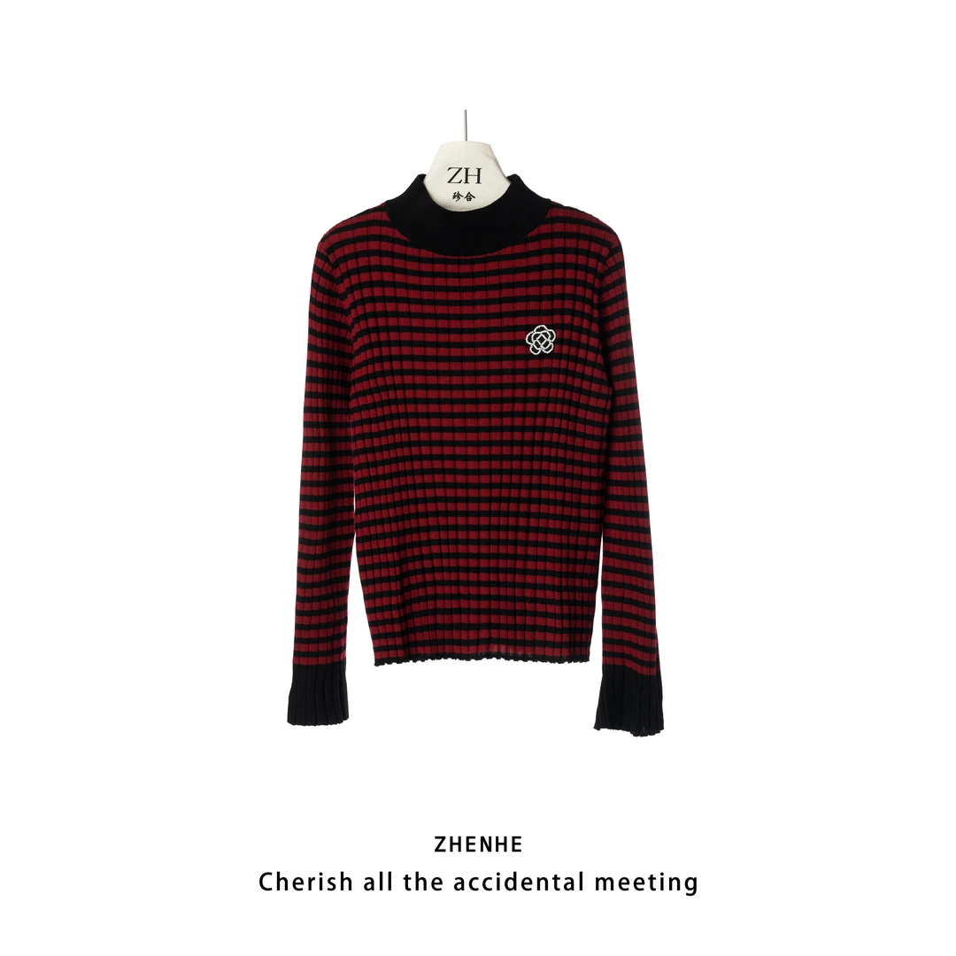ZH【山月杳杳】圆领条纹百搭针织衫毛衣女长袖宽松