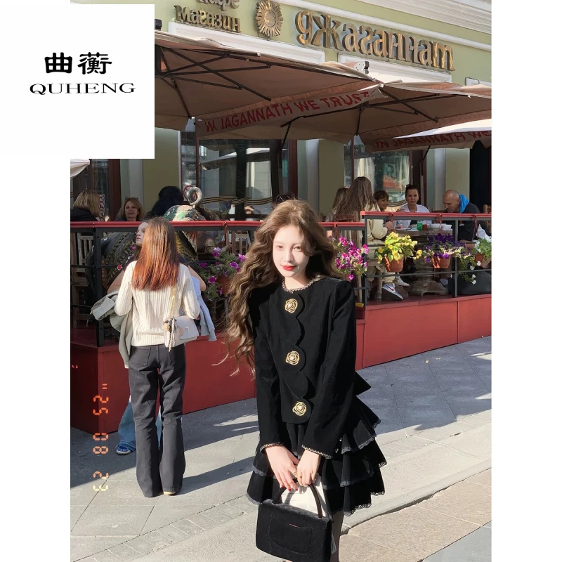 小香风吃绿色菜黑金3.0 新品95折复古丝绒金线刺绣秋季气质外套