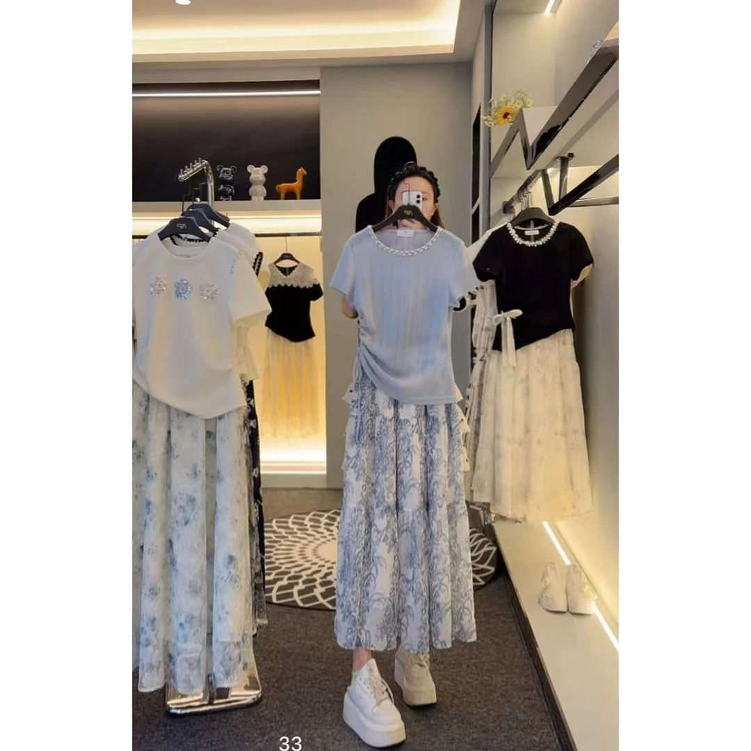法式蓝白印花套装钉珠收腰坑条短袖蛋糕长裙显瘦女装夏AGP-W139
