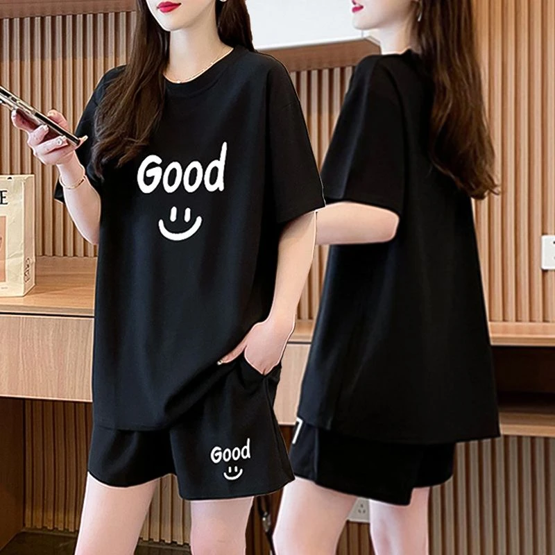 胖mm大码显瘦纯棉休闲运动套装女夏季2025新款韩版短袖短裤两件套