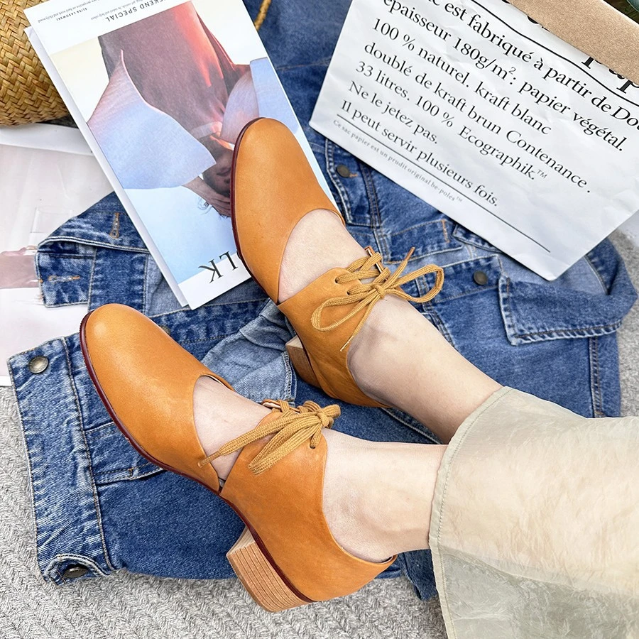 春季款森系头层牛皮纯色韩版粗跟小皮鞋系带镂空圆头休闲皮女跟鞋