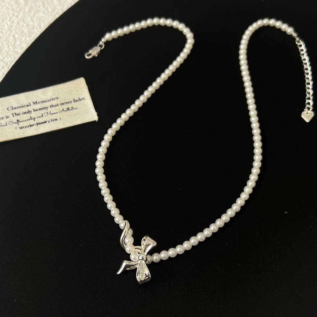 铜合金项链 韩版银白蝴蝶结珠珠项链1329