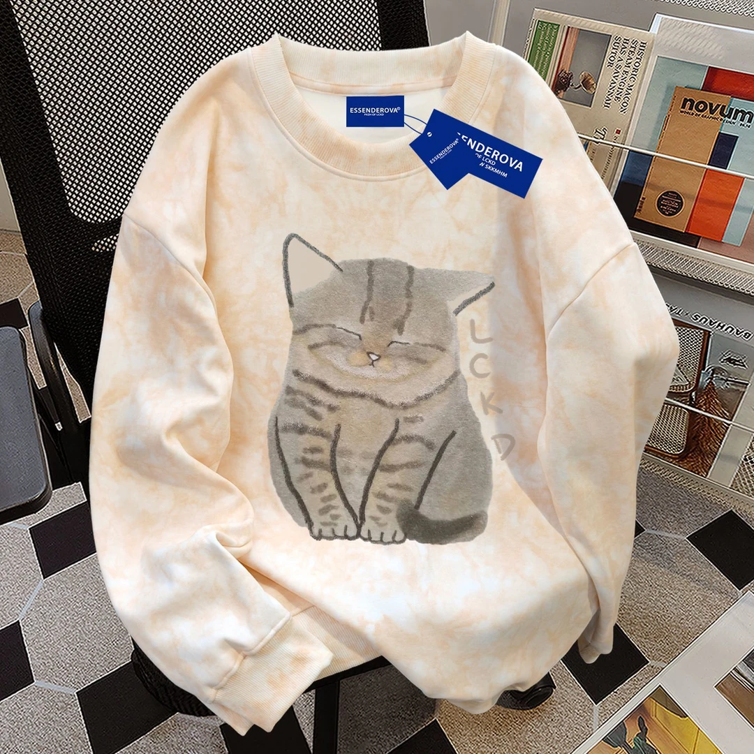 美式复古爆款慵懒风扎染圆领卫衣男女秋冬季加绒加厚宽松显瘦上衣