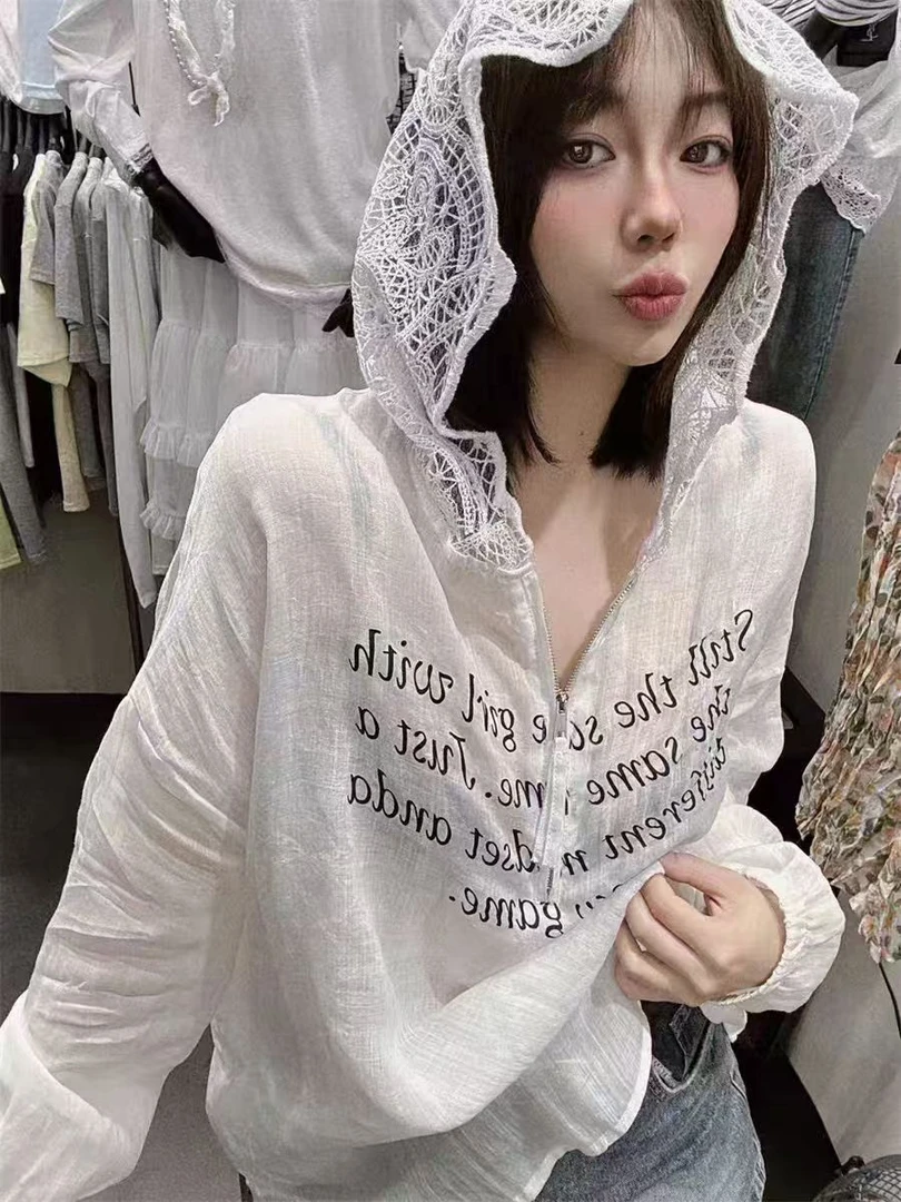 夏季新款韩版薄款长袖字母印花连帽宽松罩衫上衣T恤小衫套头女