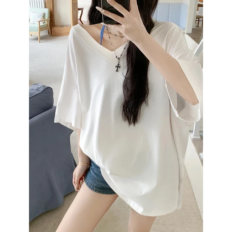 螺纹慵懒v领短袖t恤女夏季新款慵懒松弛感长款休闲显瘦白色上衣女