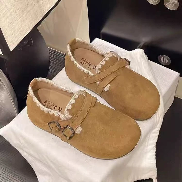牛反绒（磨砂皮）PU橡胶平底一脚蹬单鞋圆头浅口低帮鞋平跟女鞋