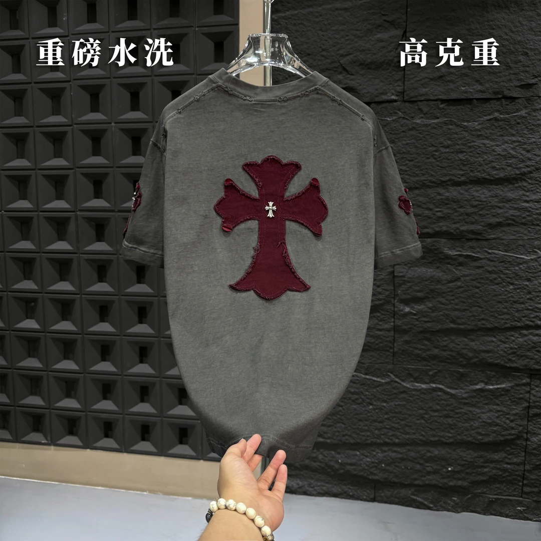 SP-F95-夏季新款水洗做旧重磅重工刺绣宽松男士短袖宽松圆领t恤