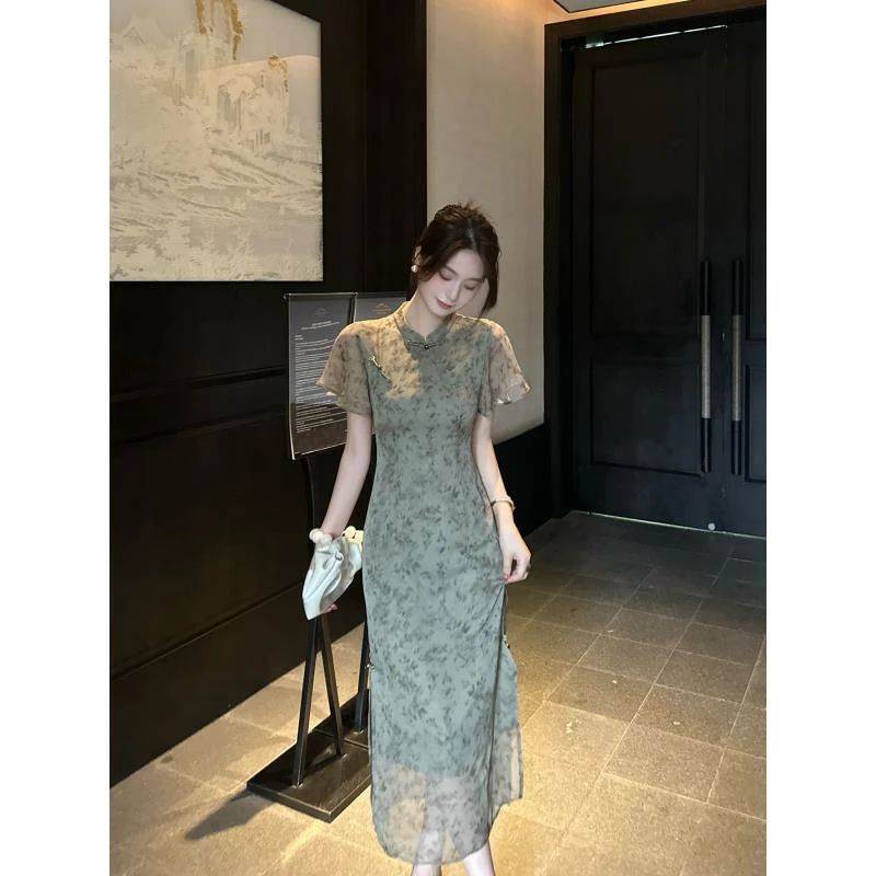 LUOZHIYIN/罗知音D113047M高腰中长裙旗袍连衣裙小个子显瘦中国风