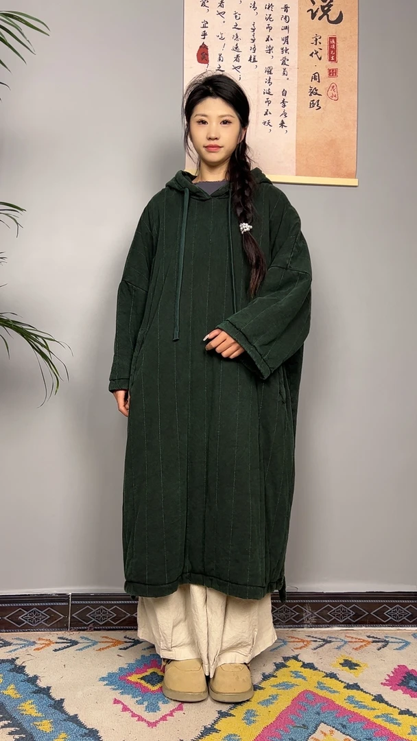 【棉娃娃原创】冬款加厚棉麻连帽长棉袍