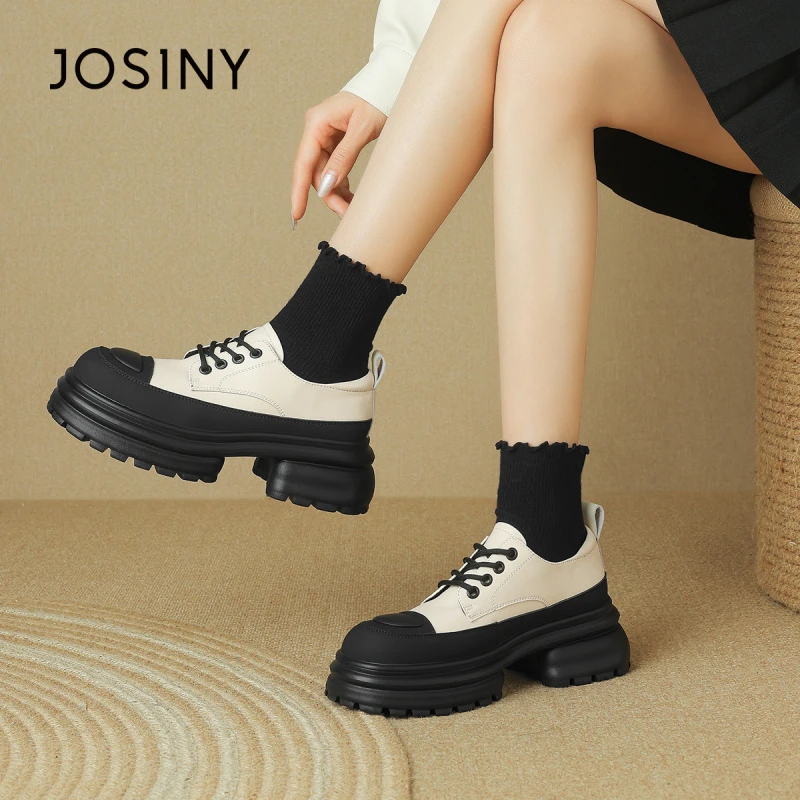 卓诗尼2024秋冬新款厚底乐福鞋女圆头纯色系带时尚百搭户外单鞋