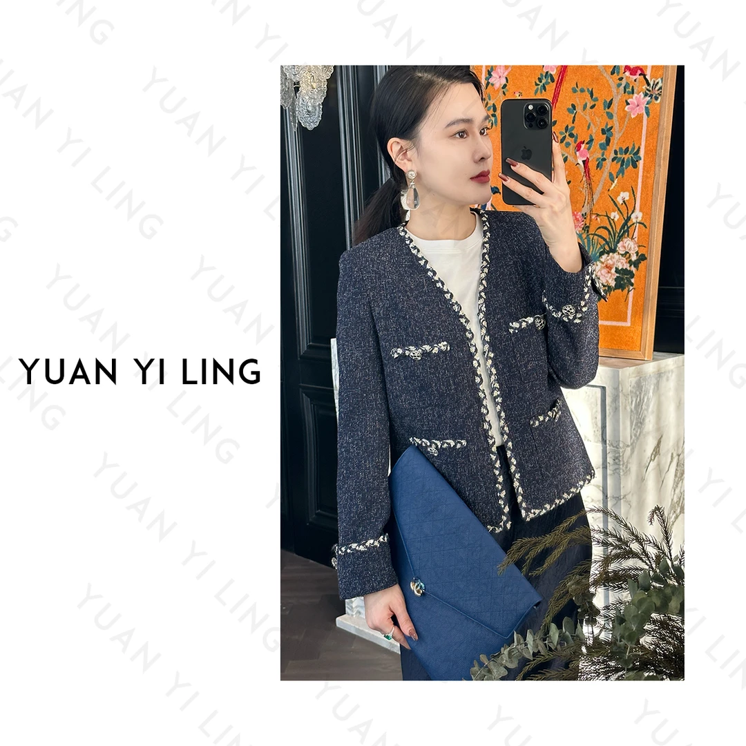 YUAN YI LING【海岛星河】25春季定制藏青小香织带时髦粗花呢女外套