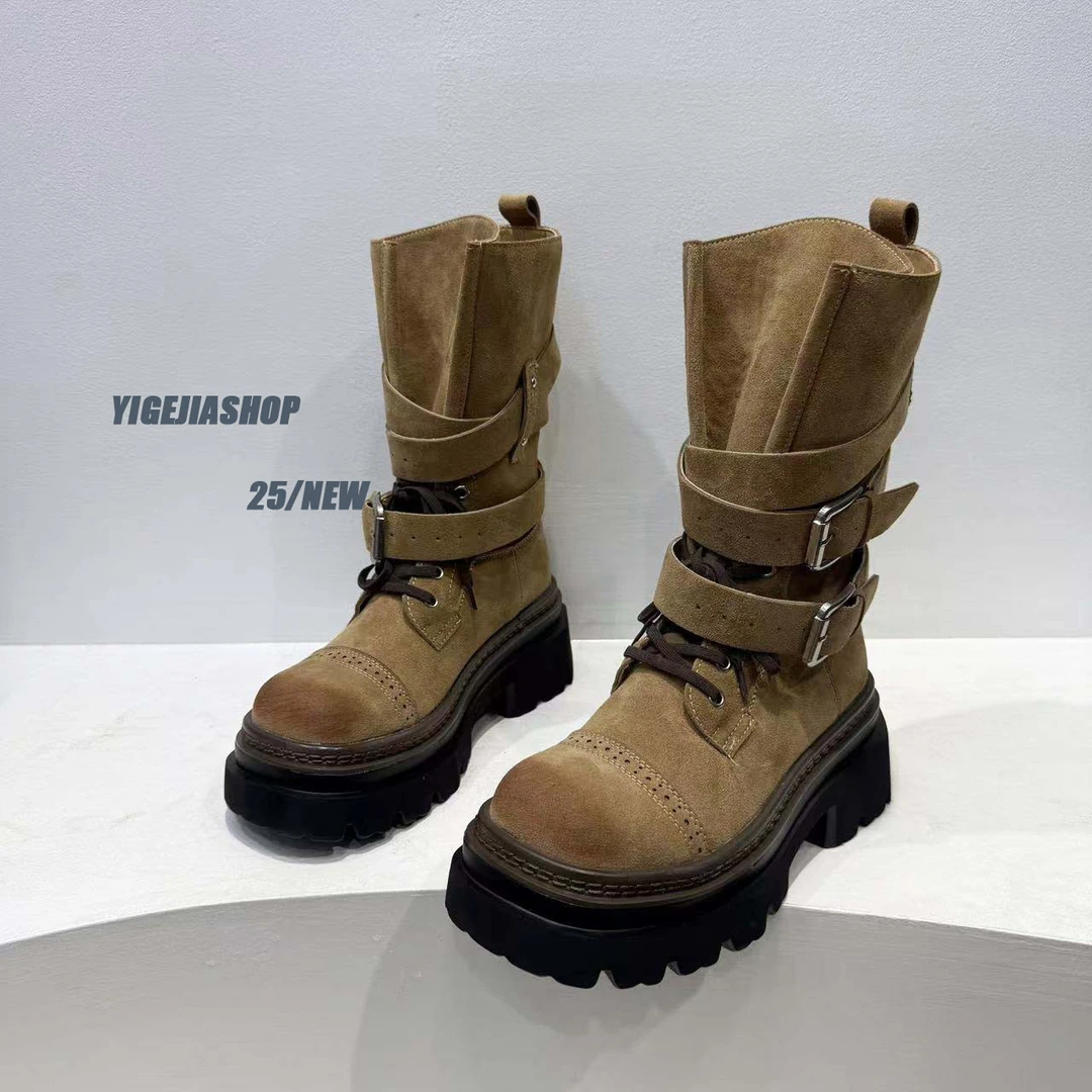 YG 2025秋季新款厚底皮带扣马丁靴女鞋复古工装大黄靴百搭中筒靴