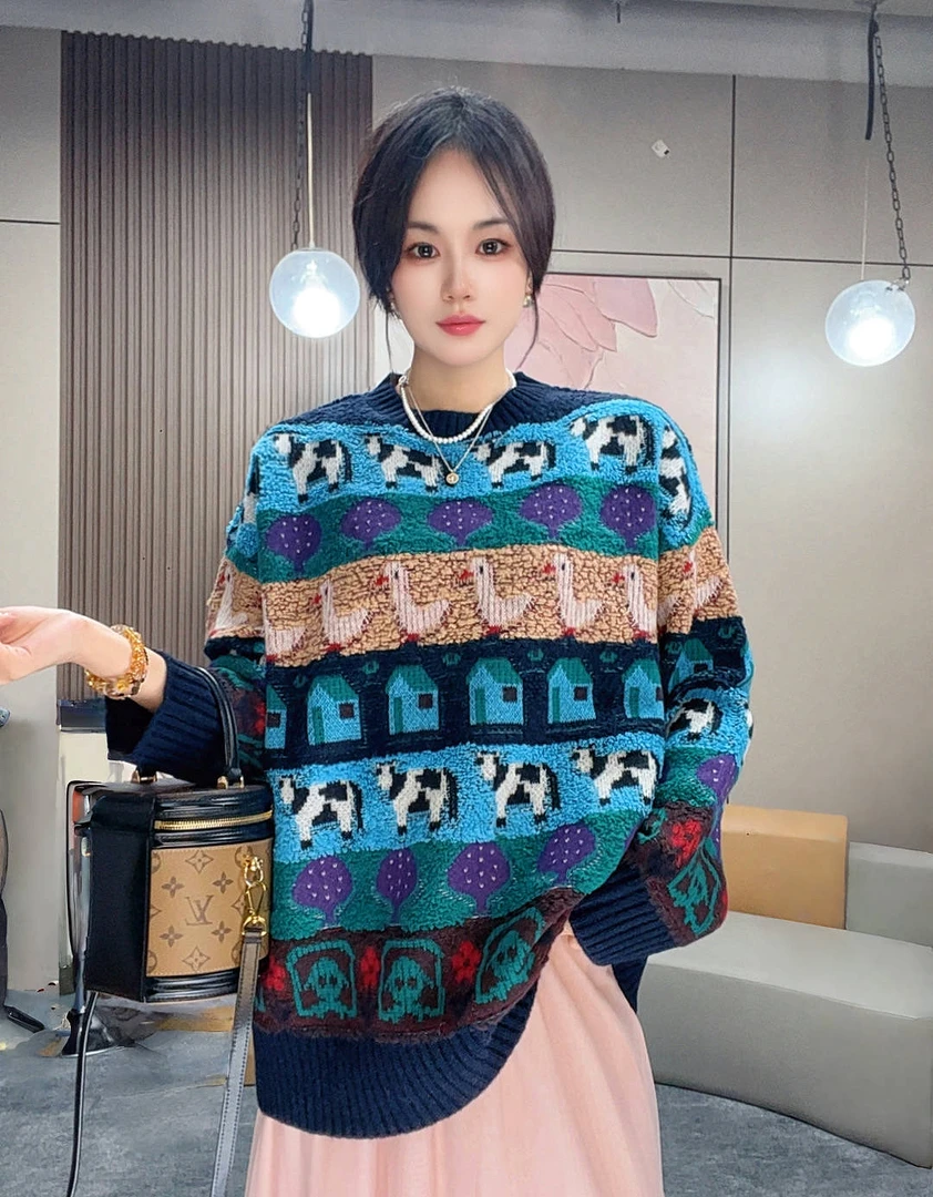 【卡诗米羊绒】25689田园风毛巾绣山羊绒100%潮牌时尚女款针织上衣