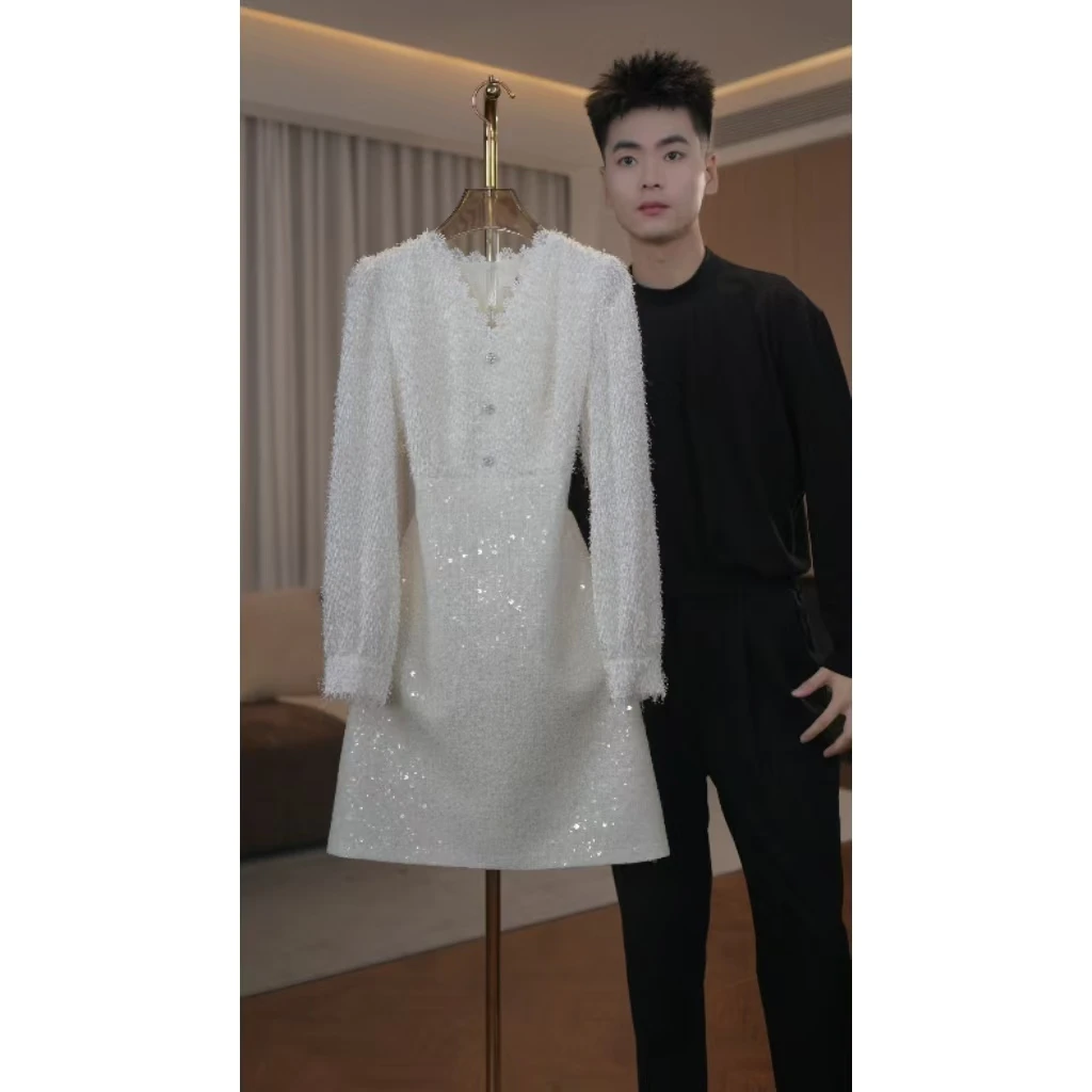 【蒂妮佳】9452品牌女装2025春季新款高贵气质白色连衣裙