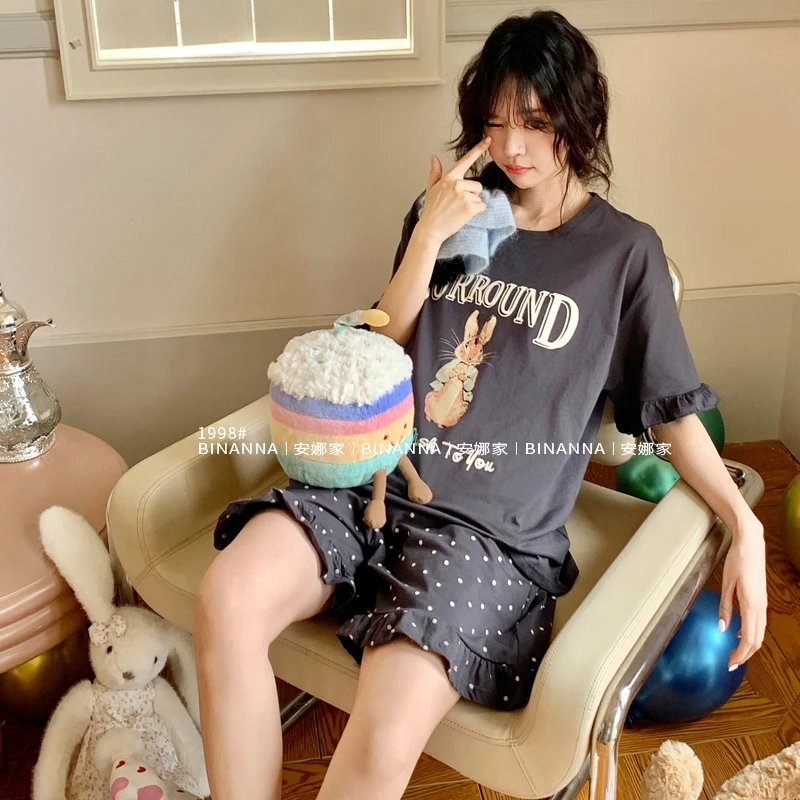 缤安娜家居服睡衣夏季女款短袖2025高档新款薄款针织短裤套装夏款