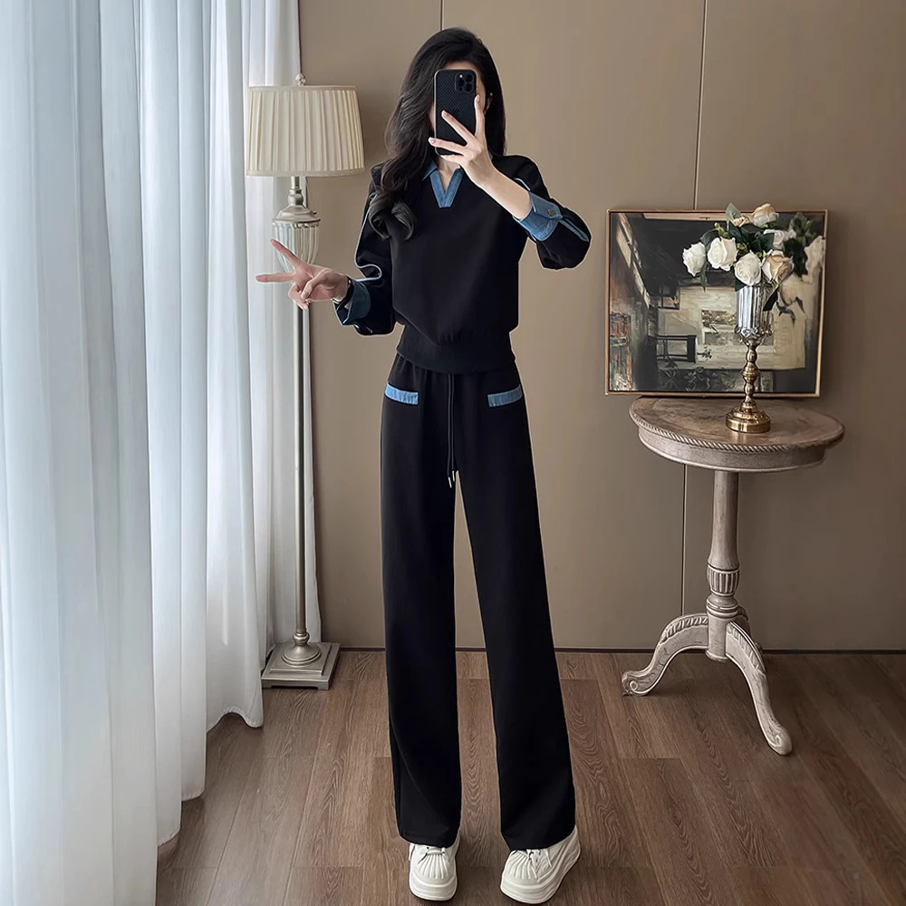 春秋季欧货黑色休闲运动套装女洋气显瘦长袖卫衣阔腿裤两件套时尚