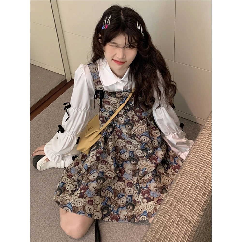 新款复古法式背心裙女秋收腰显瘦字连衣裙高腰设计感荷叶边长袖