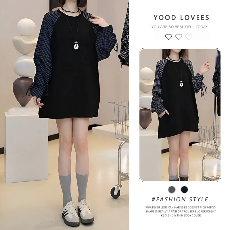 春秋复古拼接格子设计感长袖连衣裙女休闲宽松显瘦慵懒风衬衫裙潮