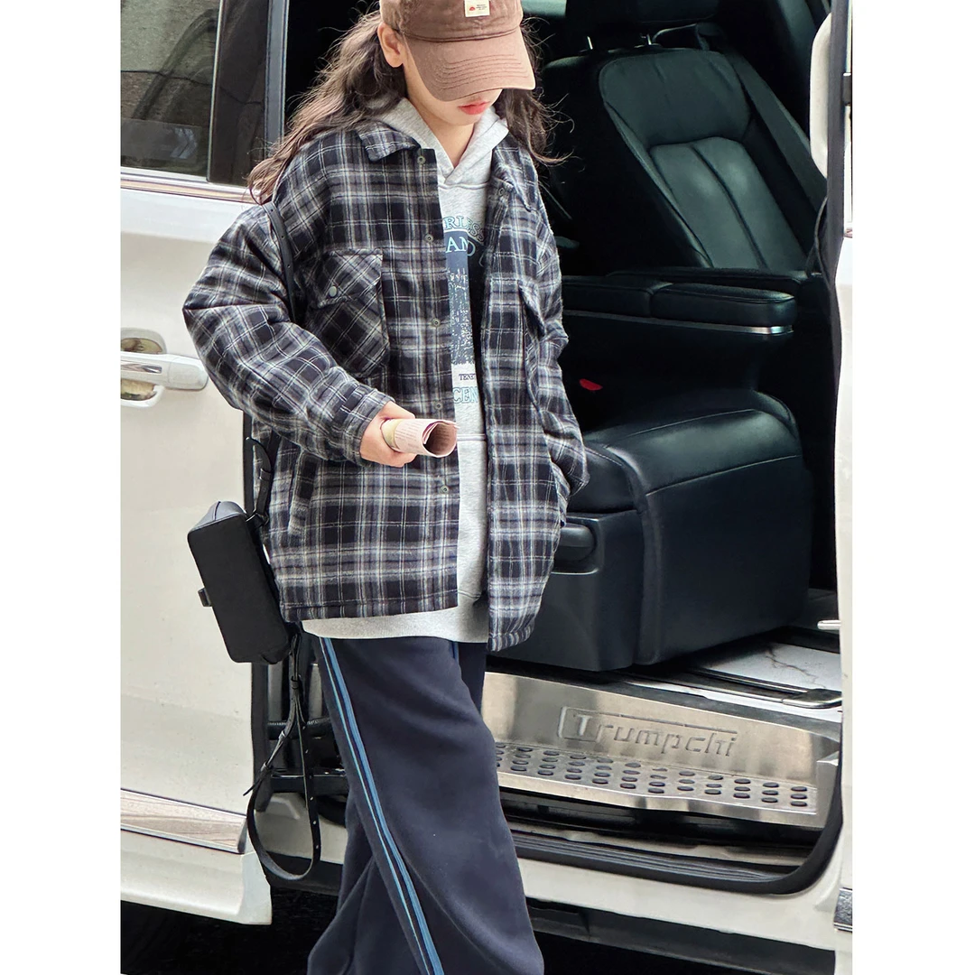 K29941孙小美翻领女童格子外套2025秋冬装新款儿童夹棉加厚上衣服