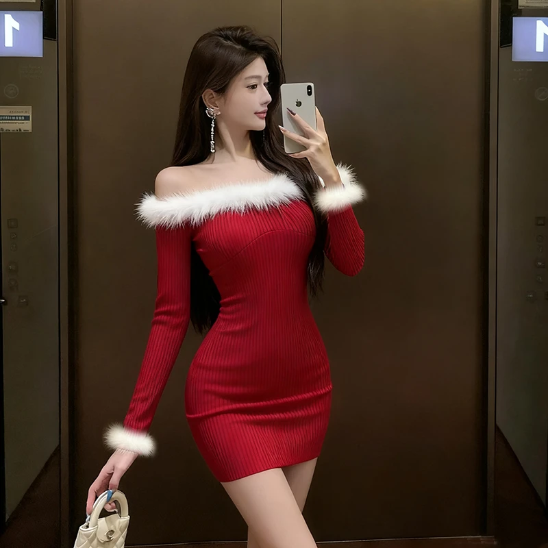 礼服显瘦气质纯欲风性感抹胸打底包臀丝绒毛毛拼接一字领连衣裙