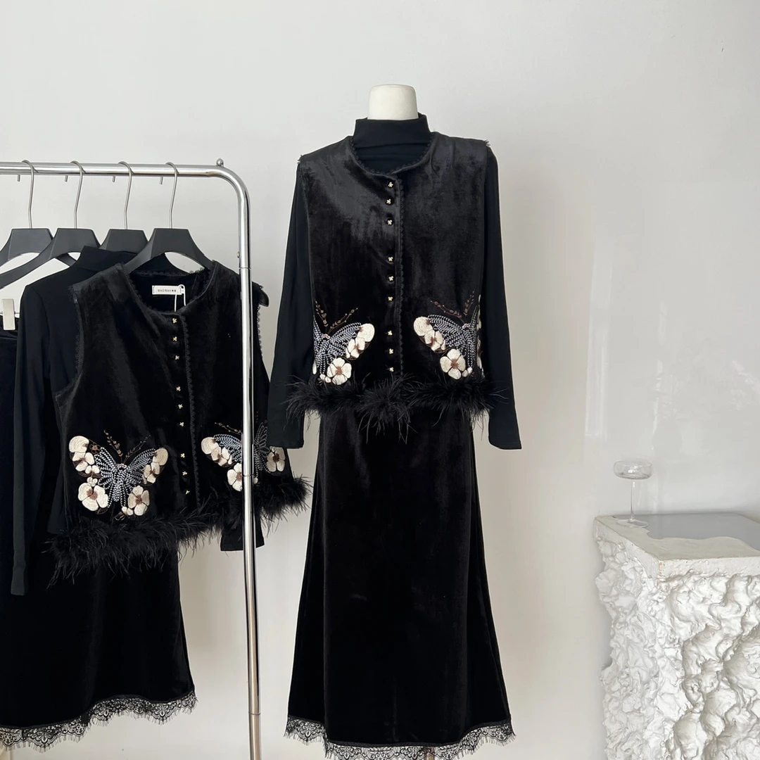 秋季新款复古新中式马甲丝绒半身裙套装