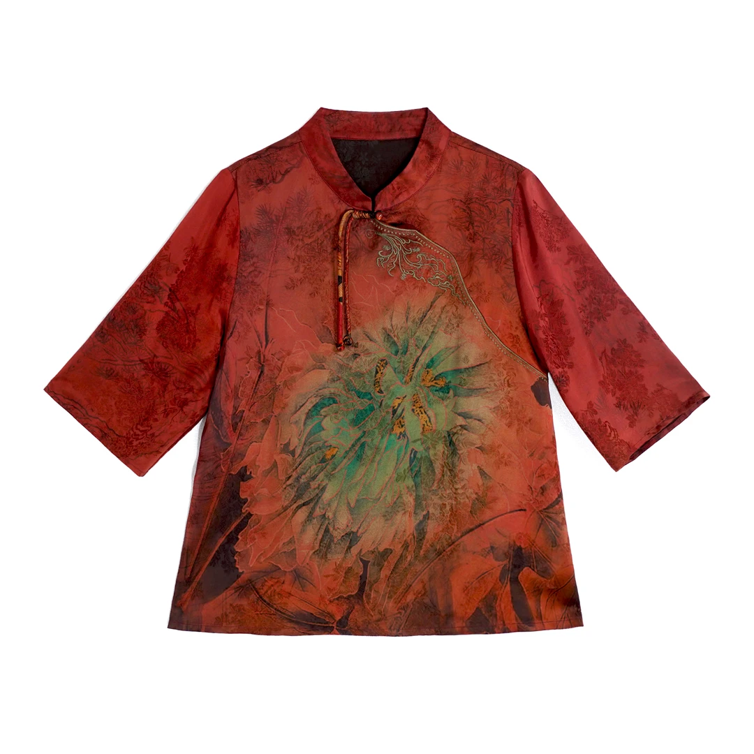 2024新款红色百搭立领中袖提花衬衫RB122711