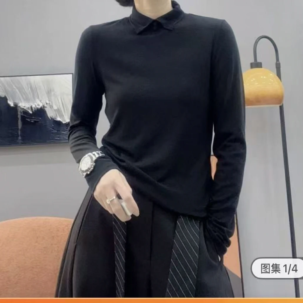 女可拆卸极简风常规翻领长袖T恤打底衫纯色百搭