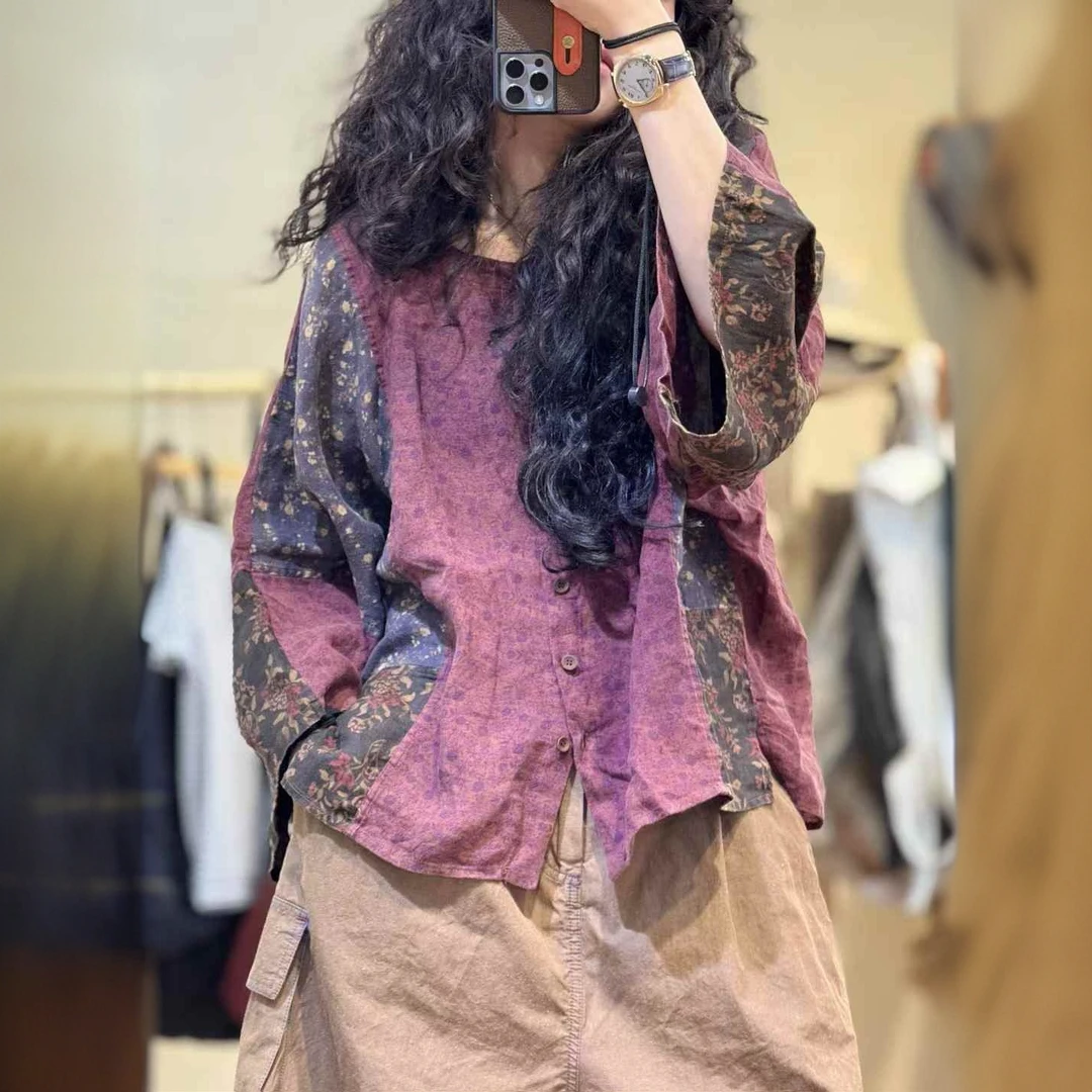 忆古朴拙亚麻印花拼色两穿小开衫2510520